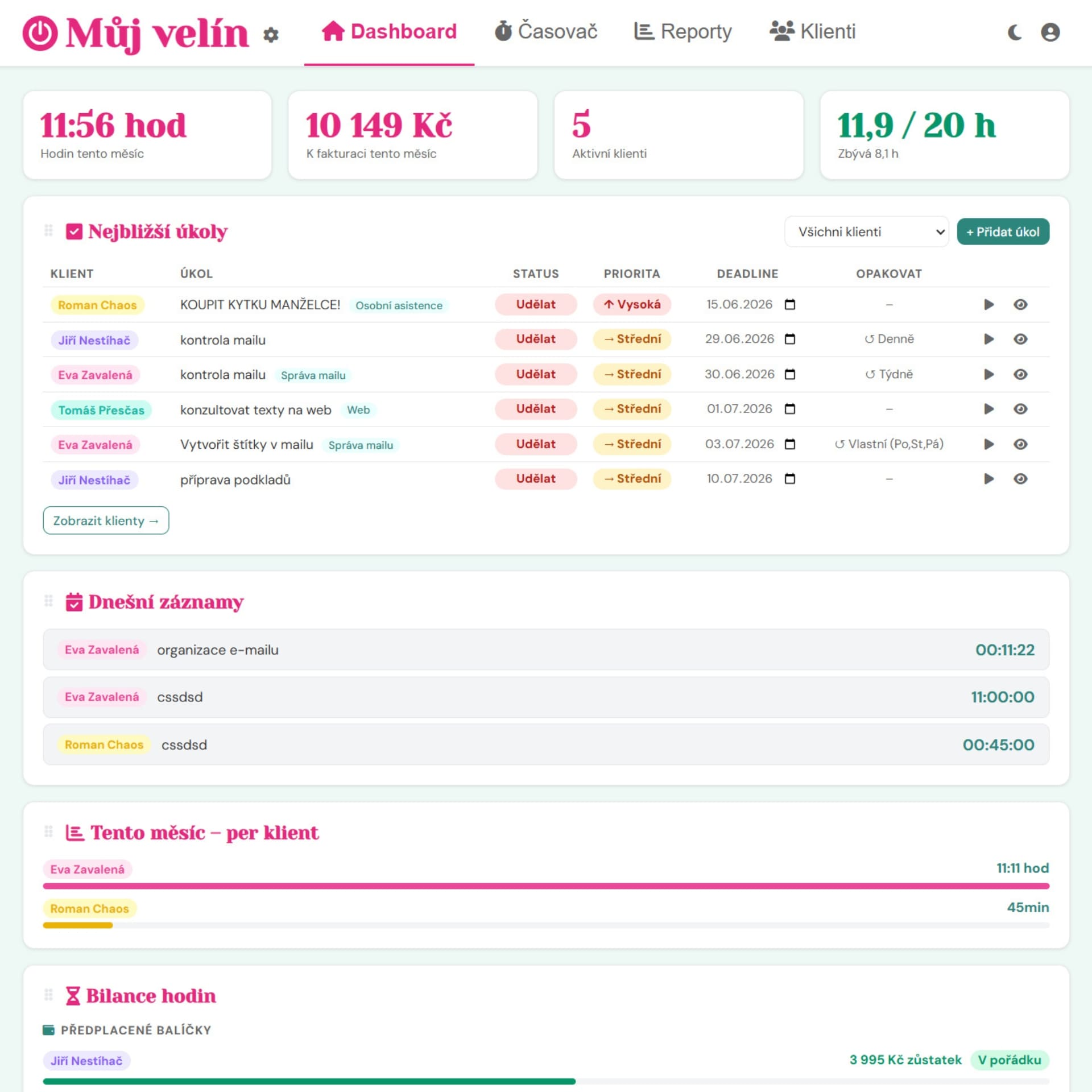 Dashboard aplikace Můj velín s přehledem úkolů a hodin