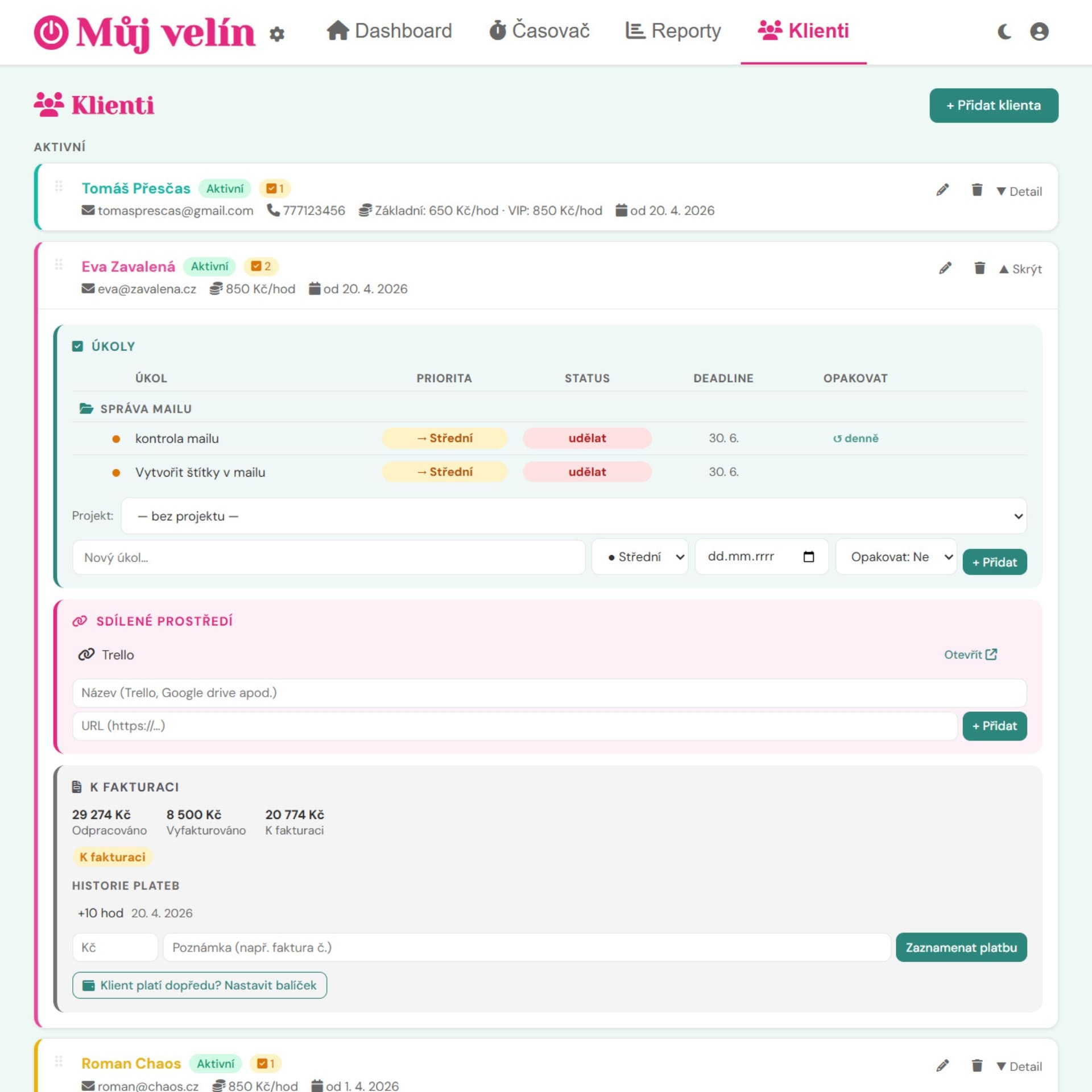 Karty klientů v aplikaci Můj velín